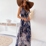 kkboxly  Boho Tropical Print Drawstring Dress, Casual Sleeveless V Neck Slim Waist Maxi Dress, Women's Clothing