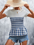 kkboxly  Plaid Two Tone Crew Neck T-shirt,  Gingham Print Contrast Panel Top T-shirt, Women's Clothing