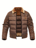 kkboxly  Men's Casual Warm PU Leather Jacket, Chic Faux Fur Collar Padded Coat For Fall Winter