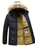 kkboxly  Men's Winter Removable Hooded Cotton-padded Jacket Coat Sherpa Lined Midi Packable Parka Jackets, Men's Parka