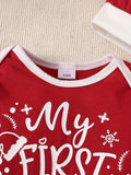 Baby's "My First Christmas " Print Casual Long Sleeve Romper & Hat, Toddler & Infant Boy's Bodysuit  For Fall & Winter Outdoors