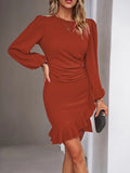 kkboxly  Solid Crew Neck Dress, Elegant Long Sleeve Ruffle Hem Dress, Women's Clothing