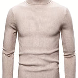 kkboxly Turtle Neck Knitted Slim Fit Sweater, Men's Casual Warm Solid High Stretch Pullover Sweater For Fall Winter