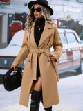 kkboxly  Solid Double Breasted Belted Overcoat, Versatile Long Sleeve Midi Length Thermal Winter Coat, Women's Clothing