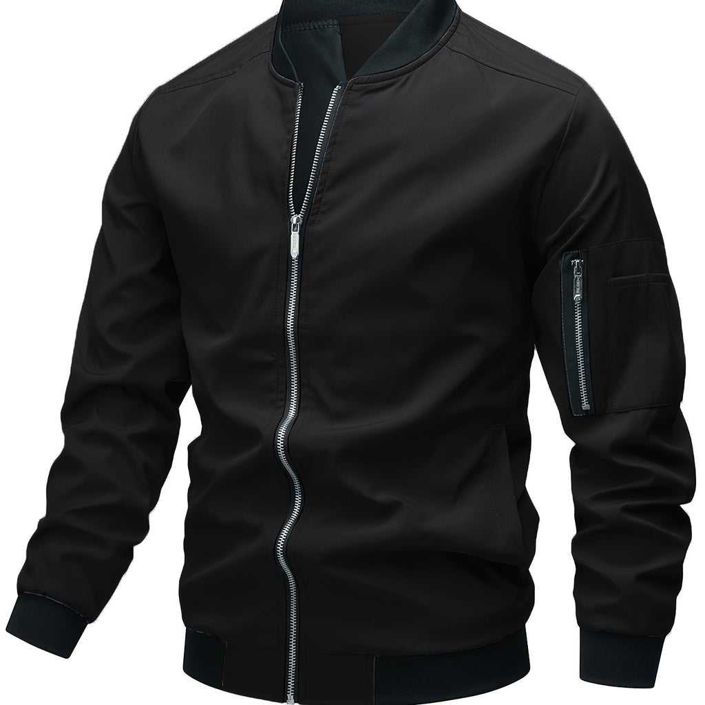 kkboxly  Classic Design Track Jacket, Men's Casual Baseball Collar Solid Color Zip Up Jacket For Spring Fall