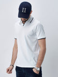 kkboxly  Men's Striped Cuffs Breathable Solid Color Golf Polo Shirt, Men's Casual Button Up Collar Pullover T-Shirt Short Sleeve For Summer, Men's Clothing