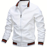 kkboxly  Plus Size Men's Trendy Casual Zipper Stand Collar Pocket Jacket, Solid Color Long Sleeve Stripe Pattern On The Bottom Coat Loose Oversized