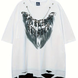 kkboxly kkboxly Hip Hop Style Letter Pattern Men's Fake Two-piece Ripped Short Sleeve Loose Round Neck T-shirt For Summer, Men's Cotton Comfy Top
