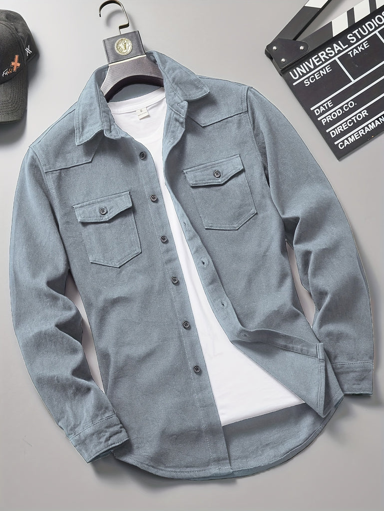 Men's Loose Fit Solid Color Lapel Collar Long Sleeve Denim Jacket With Pockets, Men's Outfits