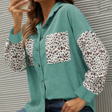 kkboxly  Corduroy Leopard Print Stitching Coat, Casual Lapel Long Sleeve Button Down Fashion Loose Outerwear, Women's Clothing