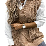 kkboxly  Cable V-Neck Sweater Vests, Casual Loose Sleeveless Fall Winter Knit Sweater Vest, Women's Clothing