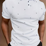 kkboxly  Dot Pattern Stripe Collar Casual Slightly Stretch Button Up Short Sleeve Polo Shirt, Men's POLO For Summer