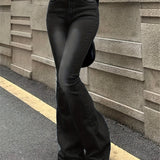 kkboxly Plain Washed Retro Flare Jeans, Slim Fit High Stretch Slant Pockets Bell Bottom Jeans, Women's Denim Jeans & Clothing