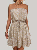 kkboxly  Ditsy Floral Off Shoulder Dress, Sexy Sleeveless Drawstring Summer Dress, Women's Clothing