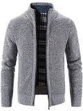 kkboxly  Warm Stand Collar Fleece Jacket, Men's Semi-formal Comfortable Solid Color Zip Up Knitted Cardigan For Spring Fall