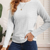 kkboxly  Eyelet Solid T-shirt, Casual Crew Neck Long Sleeve T-shirt, Women's Clothing