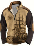 Plus Size Men's Sailboat Print Golf Shirt For Spring Fall, Men's Clothing Outdoor