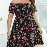 kkboxly  Plus Size Casual Dress, Women's Plus Floral Print Shirred Lettuce Trim Off Shoulder Smock Dress