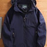 kkboxly Men's Casual Zipper Pockets Detachable Hooded Windbreaker Jacket, Waterproof Soft-shell Jacket For Outdoor Hiking Camping
