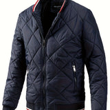 kkboxly  Men's Argyle Pattern Puffer Coat With Zipper Pocket, Casual Stand Collar Zip Up Slim Fit Warm Jacket For Outdoor Winter