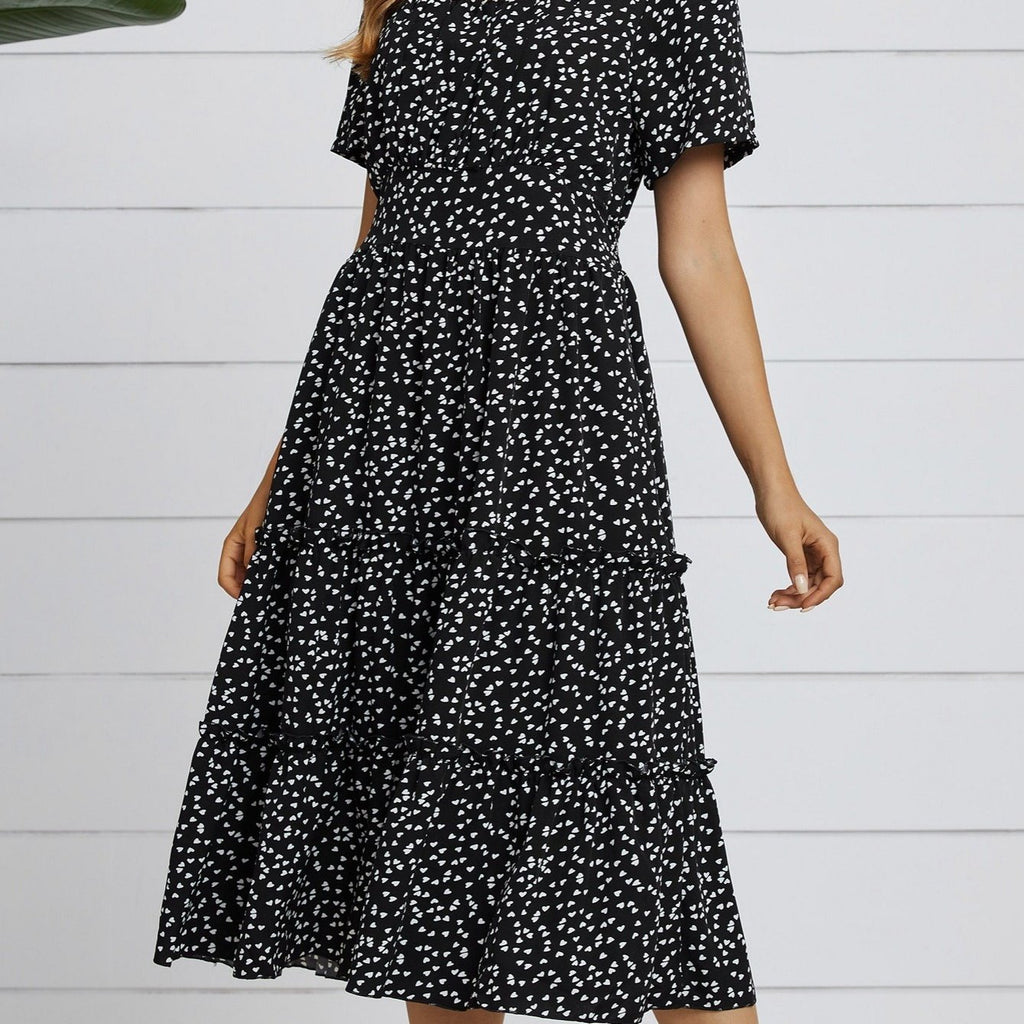 Kkboxly  Heart Print Midi Dress, Square Neck Drop Shoulder A-Line Dress, Women's Classic Casual Dresses For All Seasons, Women's Clothing
