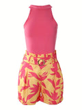 kkboxly  Casual Spring & Summer Two-piece Set, Solid Sleeveless Top & Floral Print Ruched Shorts Outfits, Women's Clothing