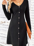 kkboxly  Solid Ribbed Dress, Casual Button Front V Neck Long Sleeve Dress, Women's Clothing