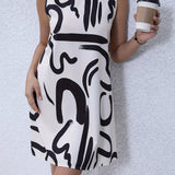 kkboxly  Brush Print Mock Neck Dress, Sleeveless Dress For Spring & Summer, Women's Clothing
