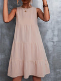 kkboxly  Round Neck Loose Big Swing Splicing Cake Dress, Casual Solid Color Sleeveless Waist Summer Dresses, Women's Clothing