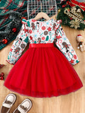 Little Girls' Cartoon Christmas Party Dress - Long Sleeve A-line Tutu Dress with Ribbon Belt, Holiday Gift Pattern for Celebrations