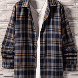 kkboxly  Men's Plaid Turndown Collar Long Sleeve Shirt, Trendy Comfy Loose Shirt For Spring Autumn