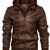 kkboxly  Men's PU Leather Hooded Pockets Zipper Long Sleeves Jackets