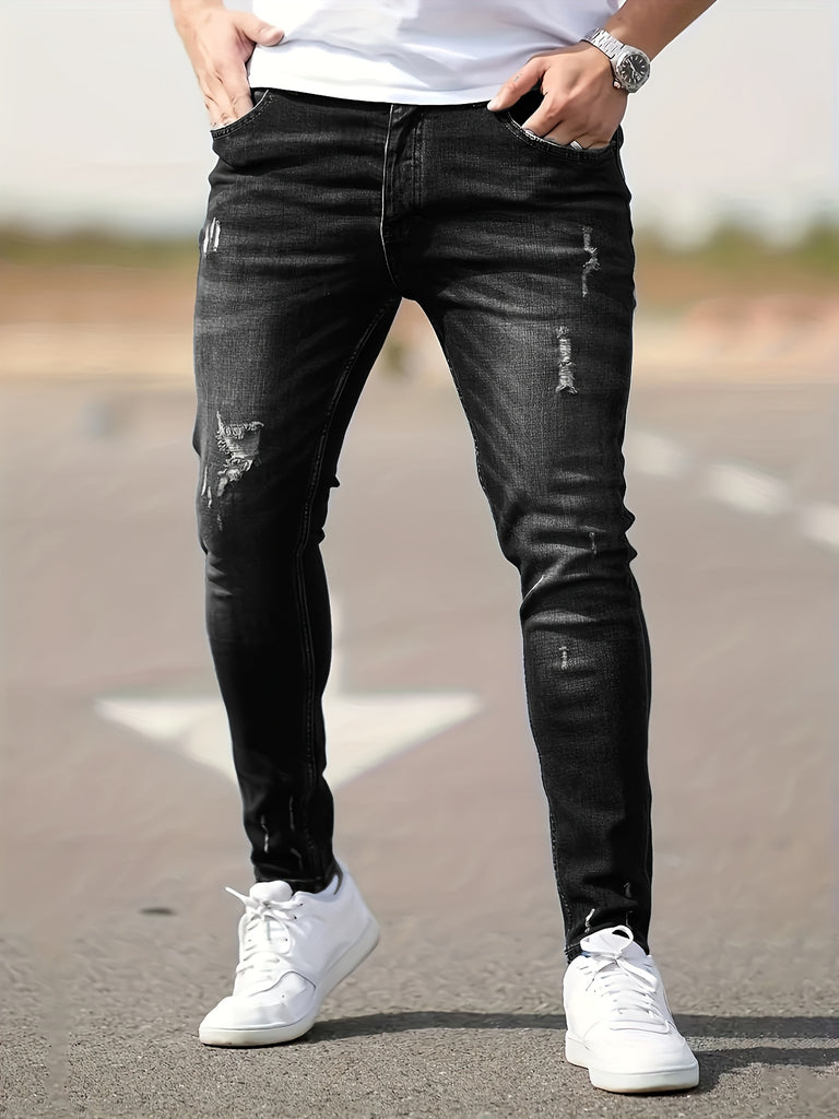 kkboxly  Chic Skinny Ripped Jeans, Men's Casual Street Style Medium Stretch Jeans