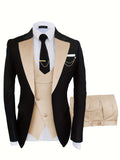 kkboxly  Formal 3 Pieces Set, Men's One Button Suit Jacket & Vest & Pants Suit Set For Business Dinner Wedding Party