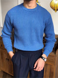 Warm Texture Knitted Sweater, Men's Casual Solid Color Slightly Stretch Round Neck Pullover Sweater For Fall Winter
