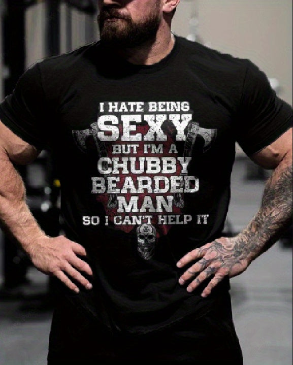 kkboxly  CHUBBY BEARED MAN Slogan Print Men's T-shirt, Men's Trendy Summer Tops