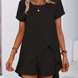 kkboxly  Solid Casual Two-piece Set, Short Sleeve Asymmetrical Hem Long Length T-shirt & Elastic Waist Shorts Outfits, Women's Clothing