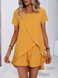 kkboxly  Solid Casual Two-piece Set, Short Sleeve Asymmetrical Hem Long Length T-shirt & Elastic Waist Shorts Outfits, Women's Clothing