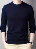 kkboxly  All Match Knitted Sweater, Men's Casual Warm Mid Stretch Solid Color Crew Neck Pullover Sweater For Fall Winter