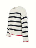 kkboxly Striped Crew Neck Loose Sweater, Elegant Long Sleeve Sweater For Fall & Winter, Women's Clothing