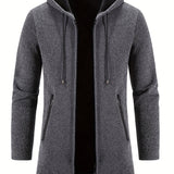 kkboxly  Warm Mid-length Hooded Fleece Coat, Men's Comfortable Solid Color Zip Up Knitted Cardigan For Spring Fall