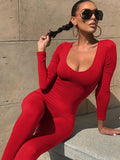 kkboxly  Solid Crew Neck Long Sleeve Bodycon Jumpsuit, Sports Yoga Skinny Long Length Seamless Jumpsuit, Women's Clothing