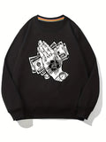 kkboxly  Cartoon Praying Hands With Money Print Sweatshirt, Men's Casual Graphic Design Slightly Stretch Crew Neck Pullover Sweatshirt For Autumn Winter