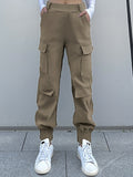 Solid Flap Pockets Cargo Pants, Casual Elastic Waist Pants For All-season, Women's Clothing