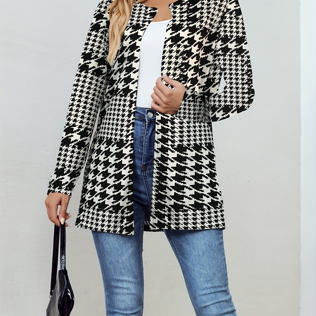 kkboxly  Houndstooth Print Open Front Jacket, Casual Long Sleeve Versatile Outerwear, Women's Clothing