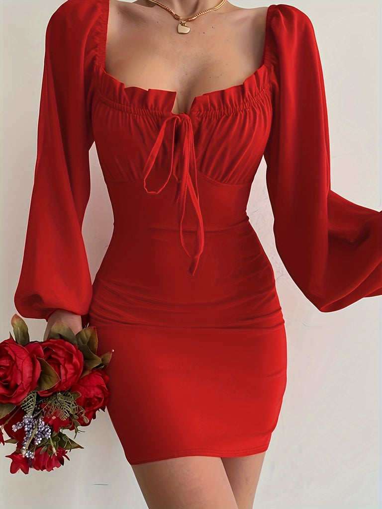 kkboxly Solid Color Long Sleeve Dress, Elegant Dress For Party & Banquet, Women's Clothing