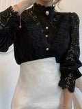 kkboxly  Women's Blouse Lace Puff Sleeve Lantern Sleeve Solid Pleated Women Blouse