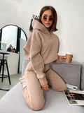 kkboxly  2pcs Solid Color Casual Suits, Long Sleeve Hooded Sweatshirts & High Waist Slant Pockets Jogger Pants Set, Women's Clothing