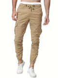 Solid Color, Men's Drawstring Cargo Pants, Flap Pocket Trendy Jogger Pants, Mens Work Pants
