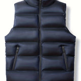 Warm Winter Vest, Men's Casual Zipper Pockets Stand Collar Zip Up Vest For Fall Winter